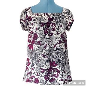 Ann Taylor Petites Purple Floral Short Sleeved Pull-over Blouse SP